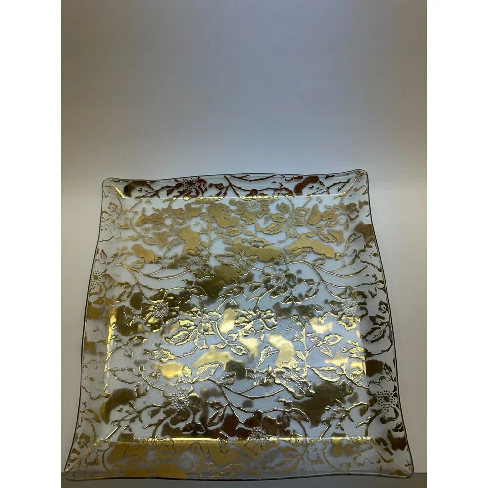 Vintage Gold Floral Bent Glass Serving Platter 13.5